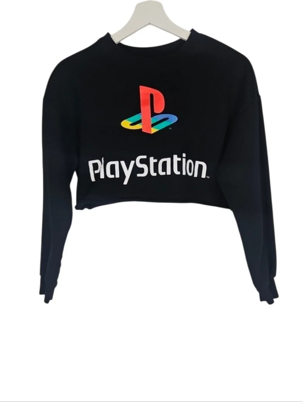 PlayStation Black Cropped Sweatshirt Raw Roll Hem Sony Gamer Video Game Top S
